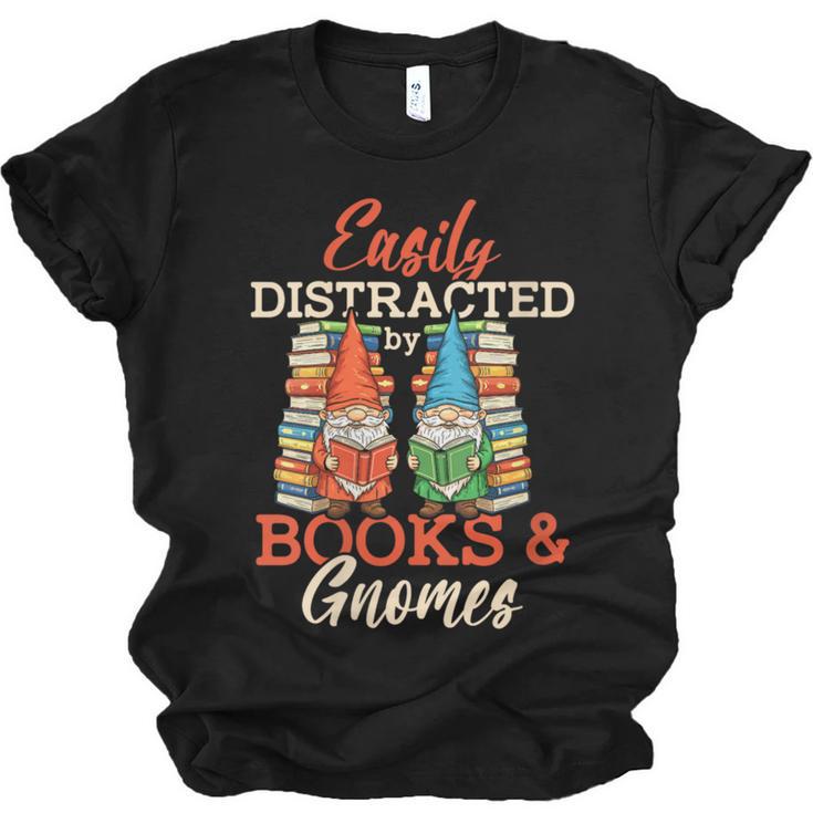 Reading Gnomes Cute Easily Distracted By Books And Gnomes Unisex Jersey T-Shirt