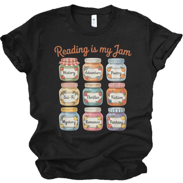 Reading Is My Jam Cute Jelly Jars Book Genres Unisex Jersey T-Shirt