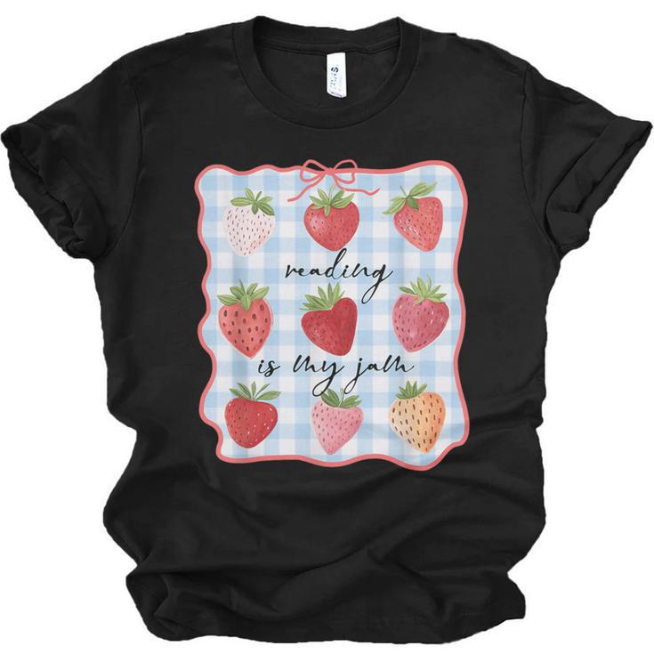 Reading Is My Jam Preppy Stawberry Bookworm Book Lover Nerd Unisex Jersey T-Shirt