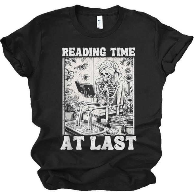 Reading Time At Last Book Lover Introvert Skeleton Reading Unisex Jersey T-Shirt