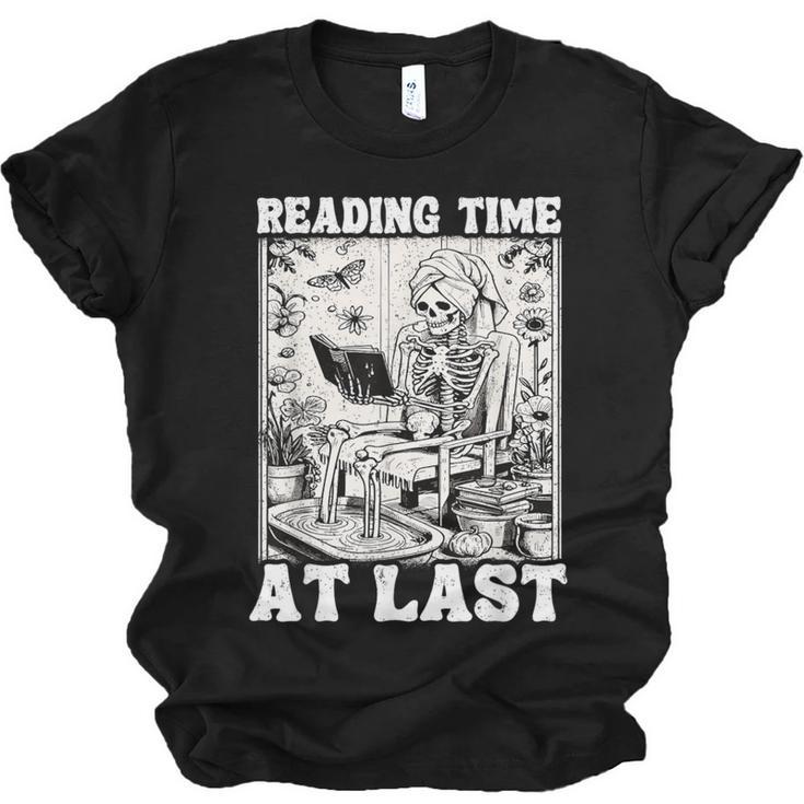 Reading Time At Last Book Lover Introvert Skeleton Reading Unisex Jersey T-Shirt
