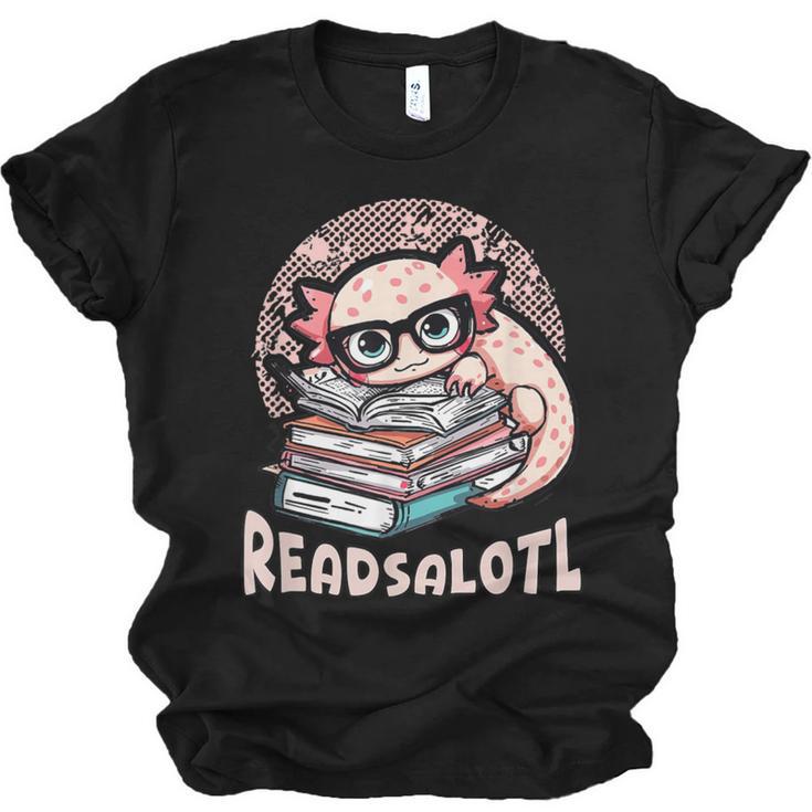 Readsalotl Axolotl Reading Books Glasses Bookworm Pun Fun Unisex Jersey T-Shirt