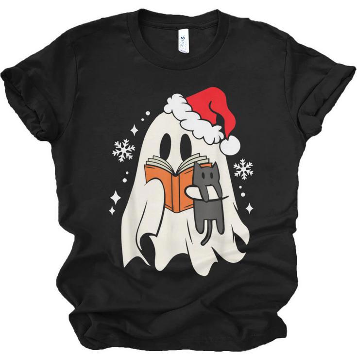 Retro Ghost Reading Book With Cat Bookish Club Christmas Men Women Kids Unisex Jersey T-Shirt