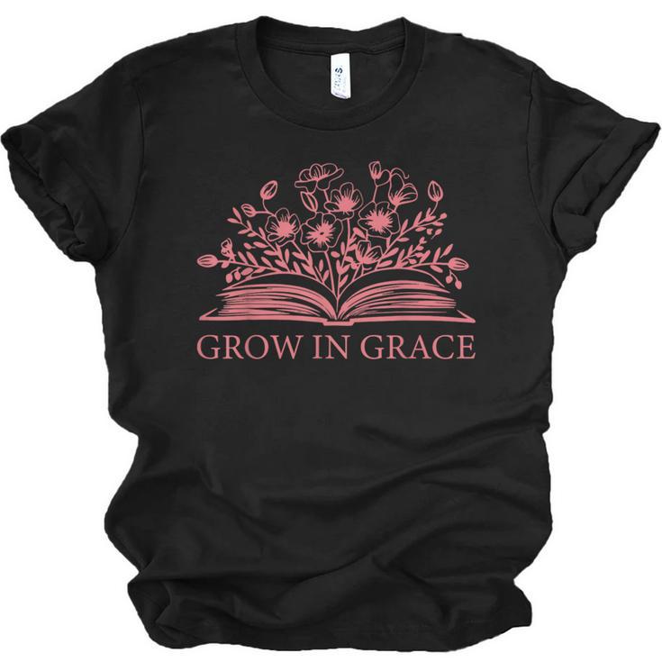 Retro Grow In Grace Wildflower Book Christian Bible Verse Unisex Jersey T-Shirt