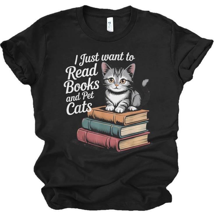 Retro I Just Want To Read Books And Pet Cats Cat For Men Women Kids Unisex Jersey T-Shirt