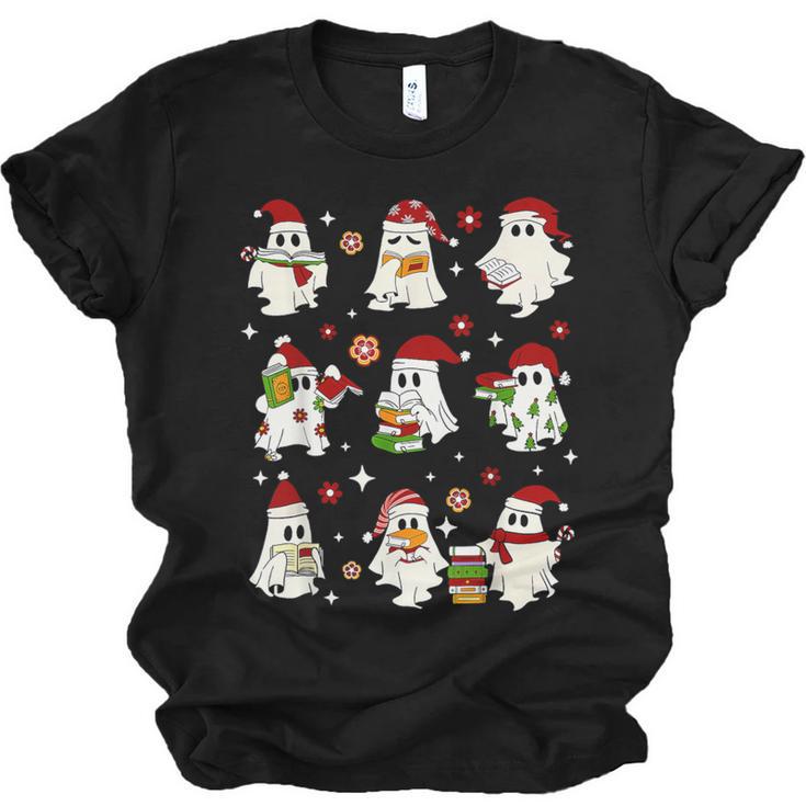 Santa Ghost Reading Books Christmas Library Teacher Unisex Jersey T-Shirt