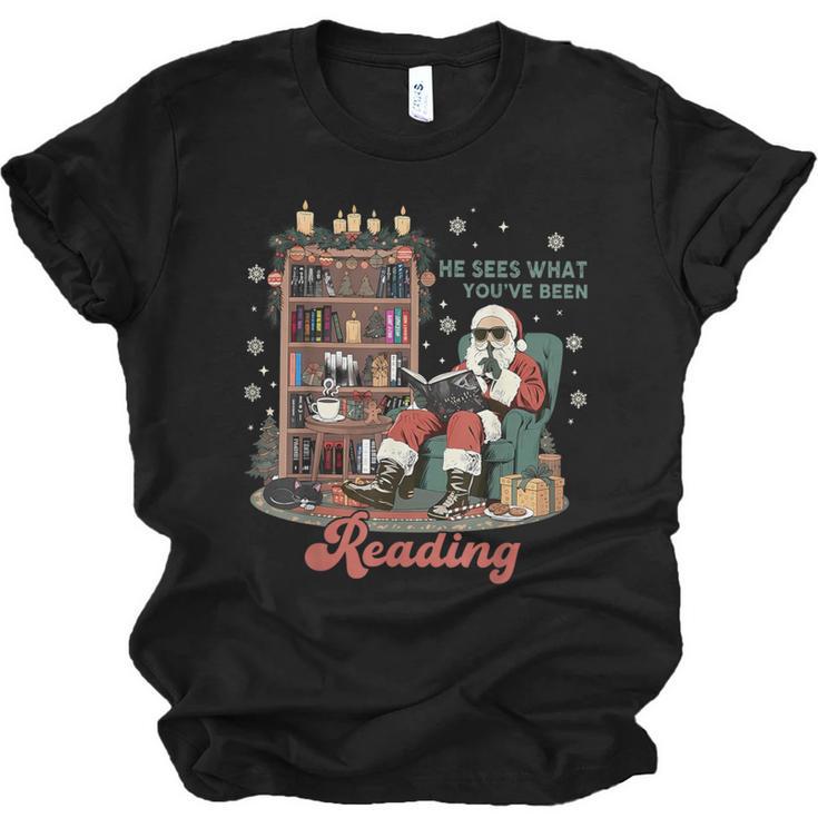 He Sees What You'Ve Been Reading Santa Christmas Bookish Unisex Jersey T-Shirt
