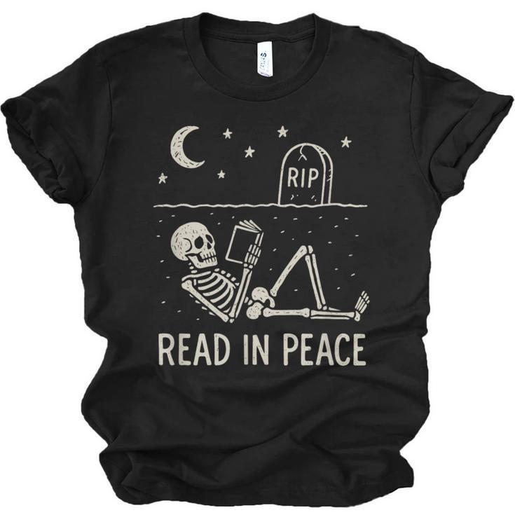 Skeleton Read In Peace Halloween Book Graphic Bookish Unisex Jersey T-Shirt