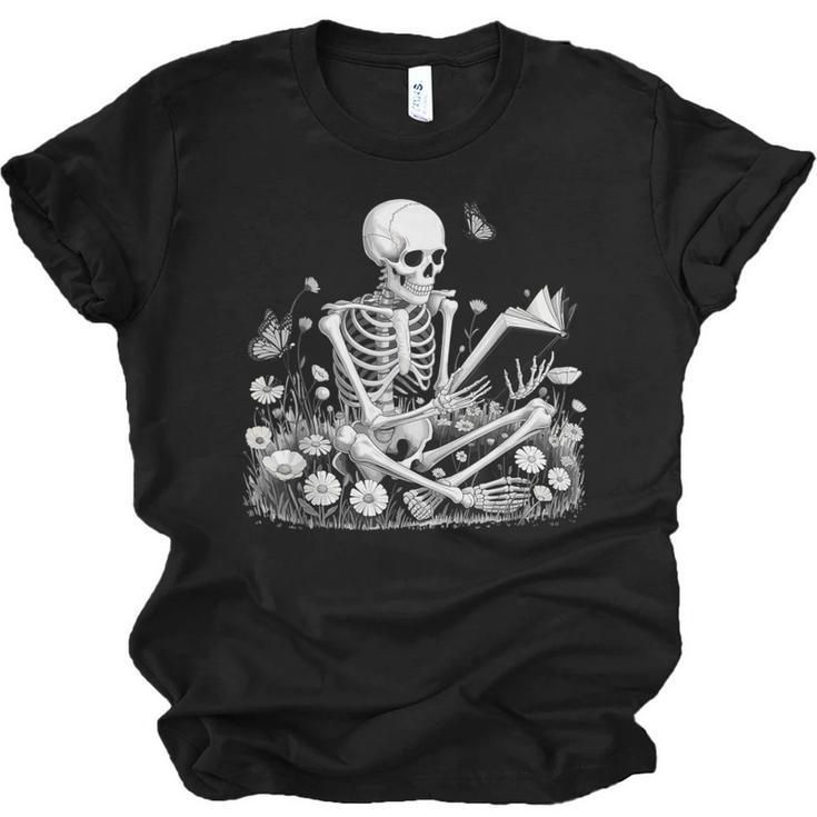 Skeleton Reading Book Floral Dark For Book Lovers Unisex Jersey T-Shirt