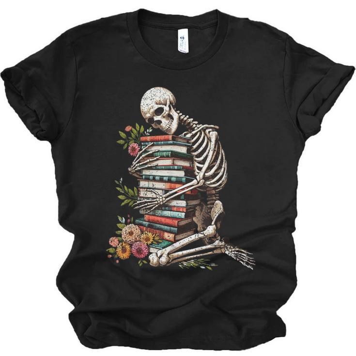 Skeleton Reading Book Halloween Bookworm Bibliophile Reader Unisex Jersey T-Shirt