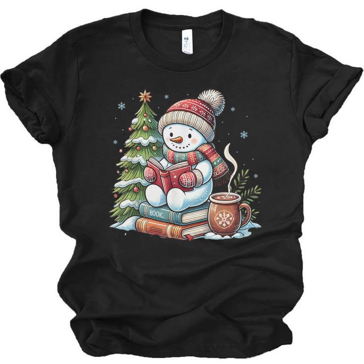 Snowman Reading Book Lovers Christmas Librarian Bookworm Unisex Jersey T-Shirt