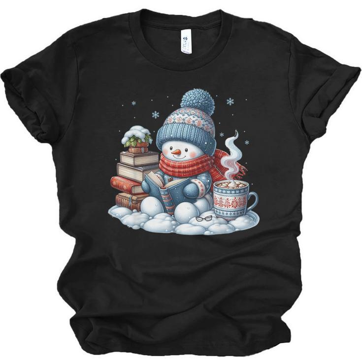 Snowman Reading Books Lovers Librarian Bookworm Christmas Unisex Jersey T-Shirt