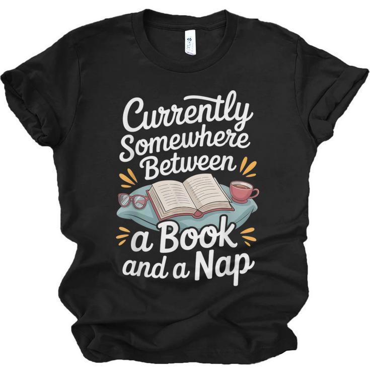 Somewhere Between a Book And a Nap – Cozy Reading Unisex Jersey T-Shirt