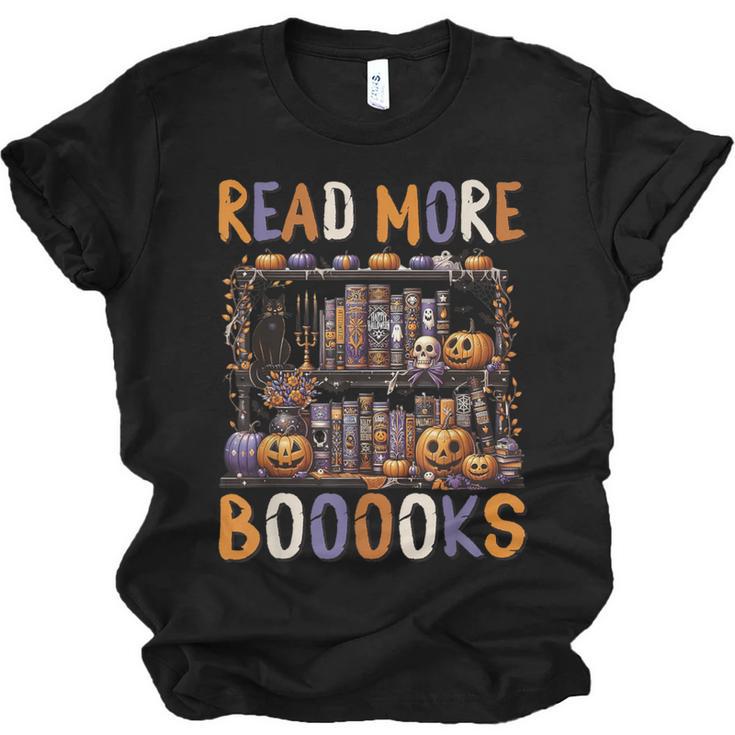 Spooky Halloween Bookshelf Bookcase Read More Books Unisex Jersey T-Shirt