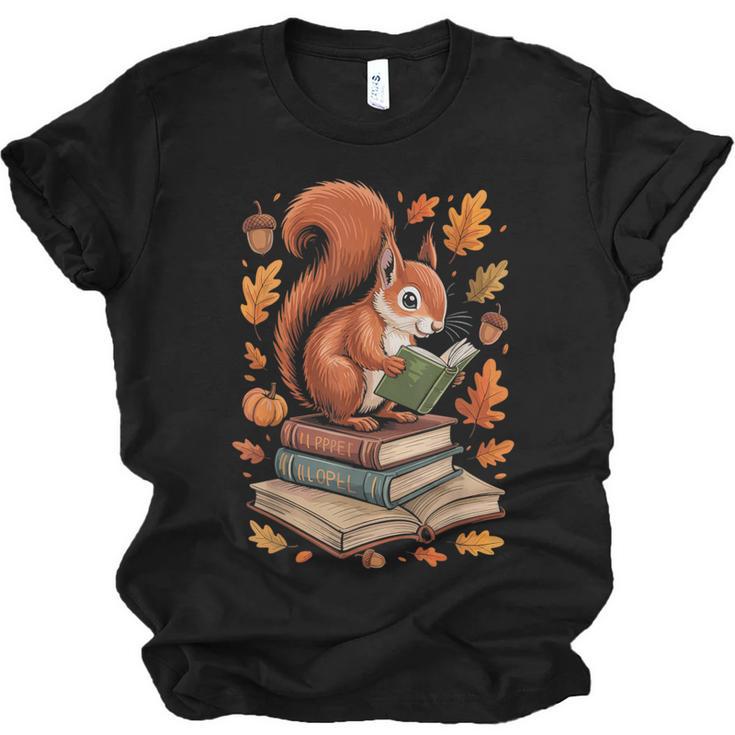Squirrel Reading Book Lovers Fall Leaves Library Books Unisex Jersey T-Shirt