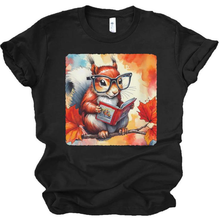 Squirrel Reading Comic Book On Autumn Branch Glasses Leaves Unisex Jersey T-Shirt