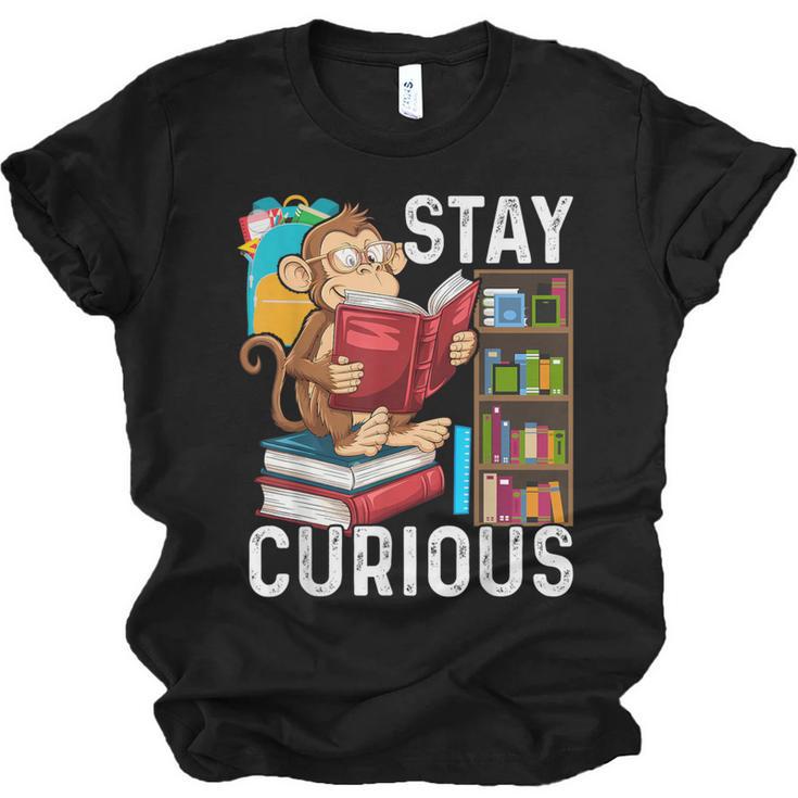 Stay Curious Monkey Reading Book Lover Bookworm Unisex Jersey T-Shirt