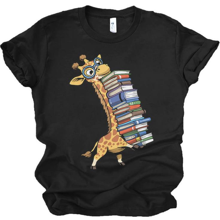 Teacher Shirt Giraffe Holding Books Bookworm Librarian Unisex Jersey T-Shirt