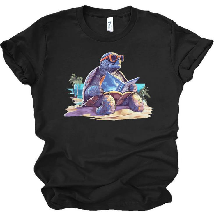 Turtle Wearing Sunglasses Reading A Book On The Beach Summer Unisex Jersey T-Shirt