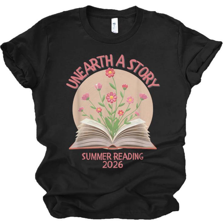 Unearth a Story 2026 Summer Reading Program Flowers Book Unisex Jersey T-Shirt