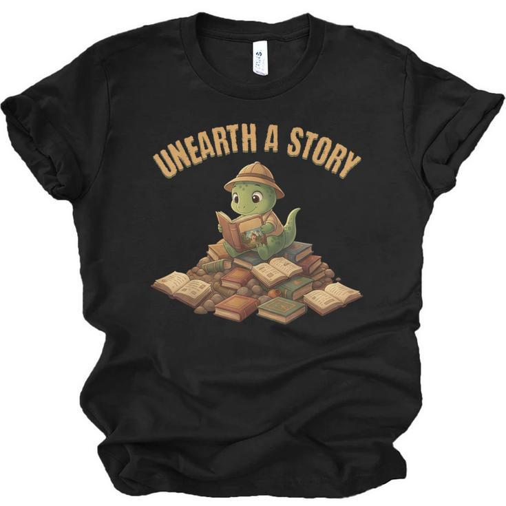 Unearth a Story Dinosaur Reading Books Summer 2026 Unisex Jersey T-Shirt