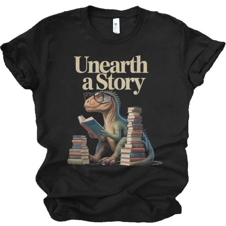 Unearth A Story Dinosaur Reading a Library Book Unisex Jersey T-Shirt