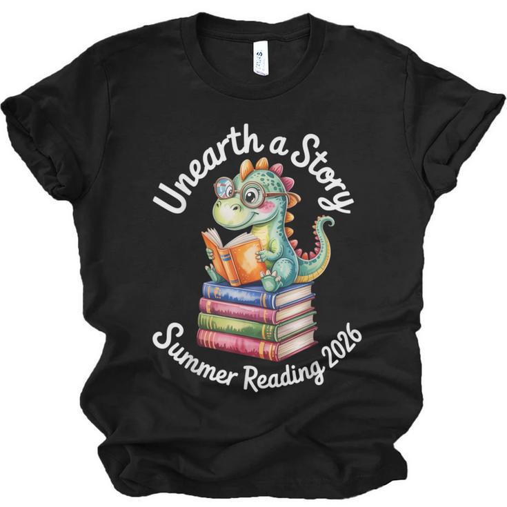 Unearth a Story Summer Reading 2026 Book Lover Dino Fun Unisex Jersey T-Shirt