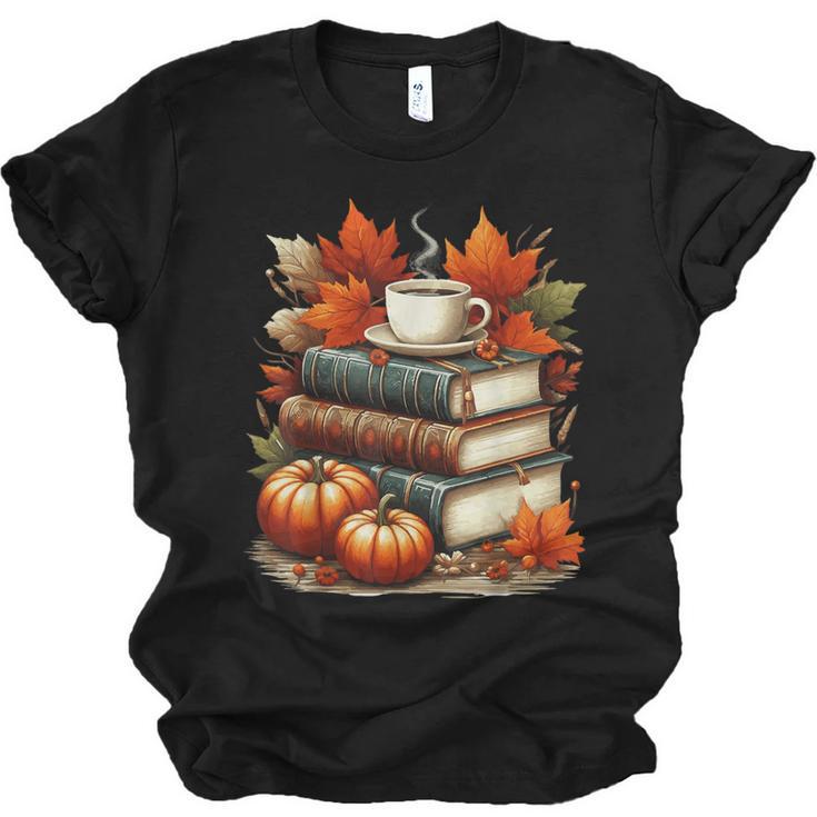 Vintage Autumn Books Coffee Pumpkin Fall Reading Unisex Jersey T-Shirt