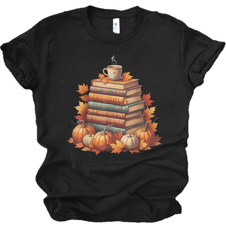 Vintage Autumn Books Pumpkin Coffee Book Lover Reading Unisex Jersey T-Shirt