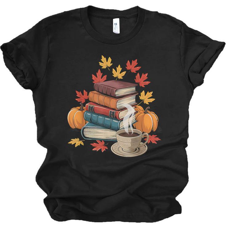 Vintage Books Tea Lovers Fall Autumn Leaves And Pumpkins Unisex Jersey T-Shirt
