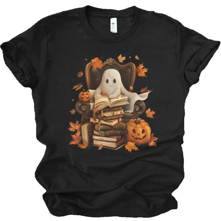 Vintage Ghost Book Reading Pumpkin Gothic Halloween Teachers Unisex Jersey T-Shirt