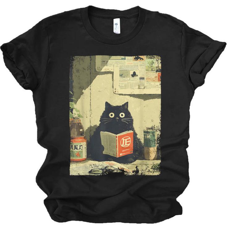 Vintage Japanese Cat Book Lovers Librarian Cat Dad Teacher Unisex Jersey T-Shirt