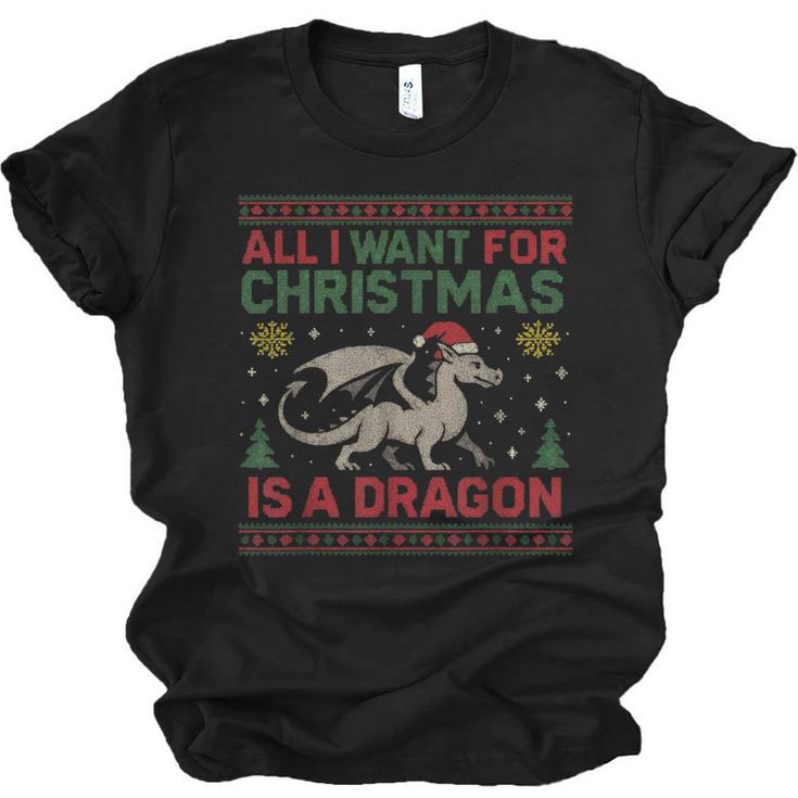 All I Want For Christmas Is A Dragon & Books Ugly Sweater Unisex Jersey T-Shirt