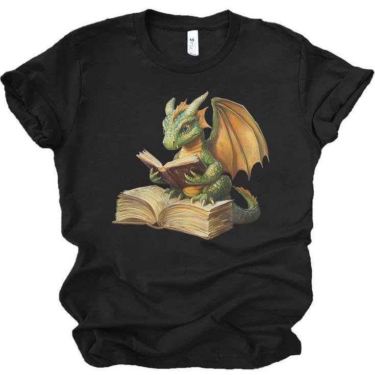 Women's Dragon Bookworm Reading Book Graphic Unisex Jersey T-Shirt