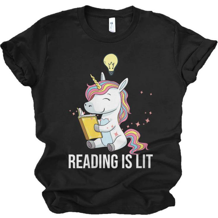 Women's Reading Is Lit Unicorn Library English Teacher Book Lover Unisex Jersey T-Shirt