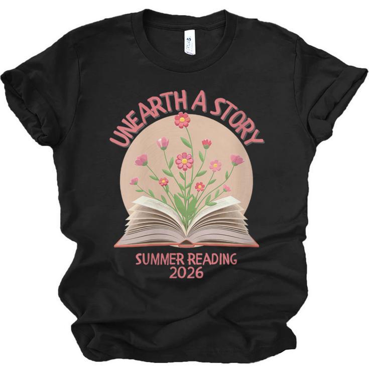Women's Unearth a Story 2026 Summer Reading Program Flowers Book Unisex Jersey T-Shirt