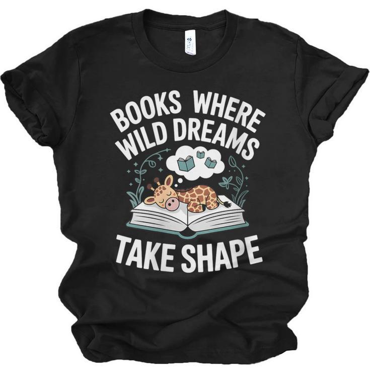 Women's Wild Dreams Reading Giraffe Book Reader Zoo Animals Kids Unisex Jersey T-Shirt