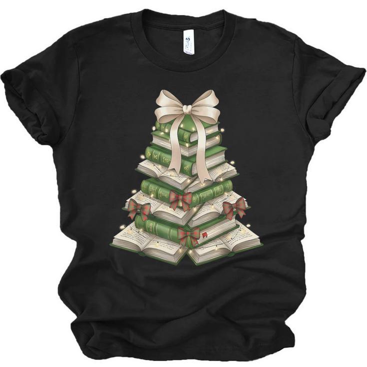 Xmas Tree Books Merry Christmas Coquette Bow Teacher Holiday Unisex Jersey T-Shirt