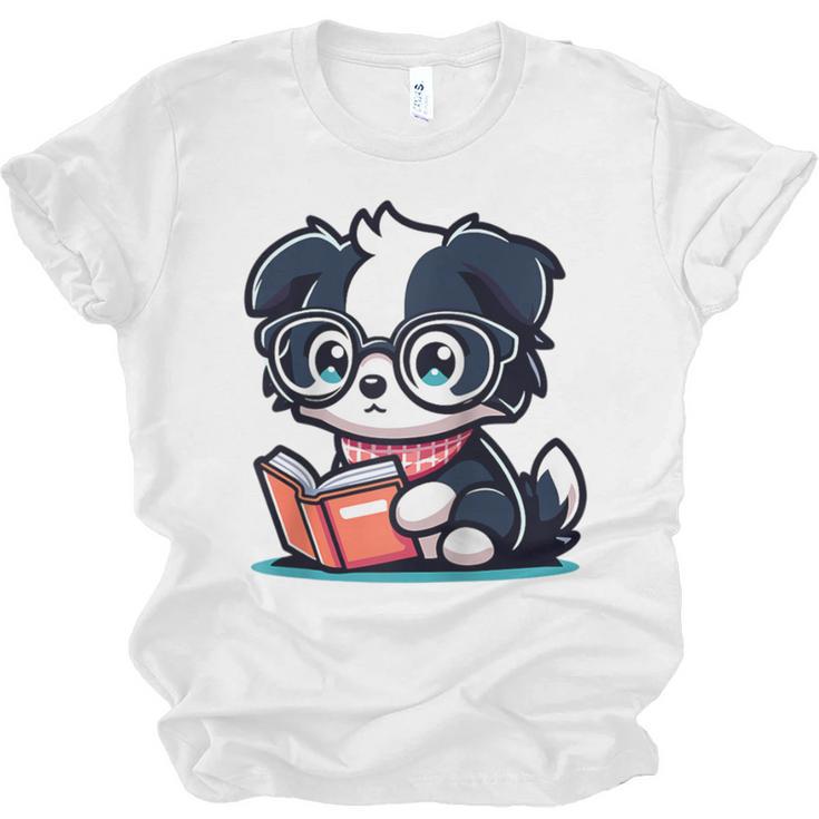Adorable Book Lover Border Collie With Reading Glasses Cute Raglan Baseball Tee Unisex Jersey T-Shirt