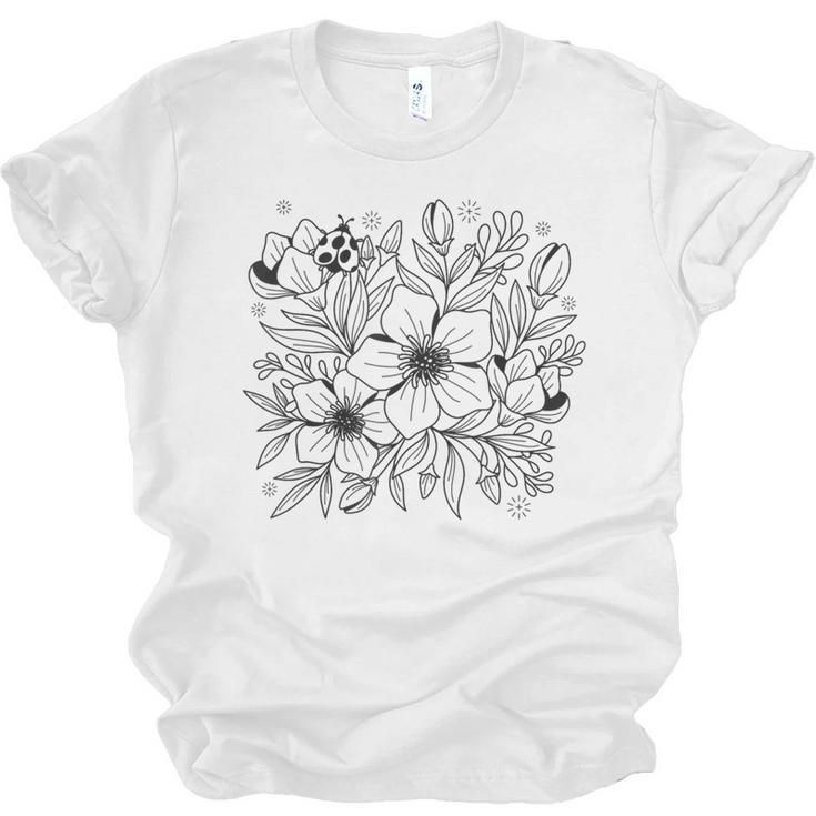 Adult Coloring Book Style Flowers And Ladybug Self Coloring Unisex Jersey T-Shirt