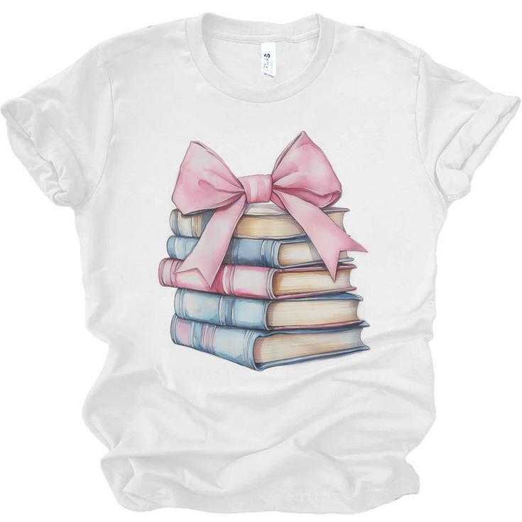 Book Lover Coquette Bow Pink Dainty Ribbon Cute Bookworm Unisex Jersey T-Shirt