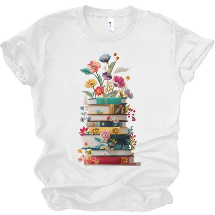 Book Stack With Flowers Reading Lover Bookish Unisex Jersey T-Shirt