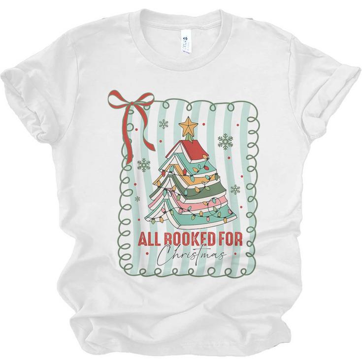 All Booked For Christmas Book Xmas Tree Coquette Bow Lights Unisex Jersey T-Shirt