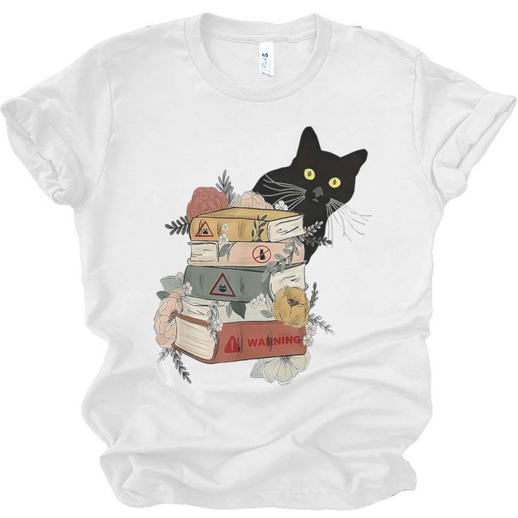 Cat And Books Flowers Reading Club Cat Lover Bookworm Unisex Jersey T-Shirt