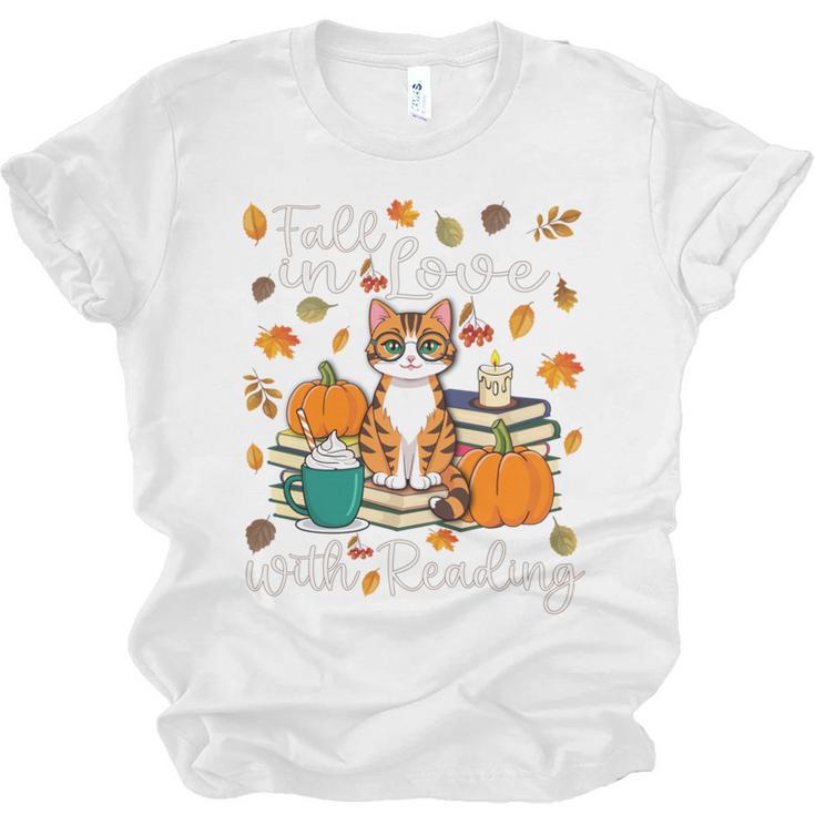 Cat Fall In Love With Reading Book Lover Autumn Unisex Jersey T-Shirt