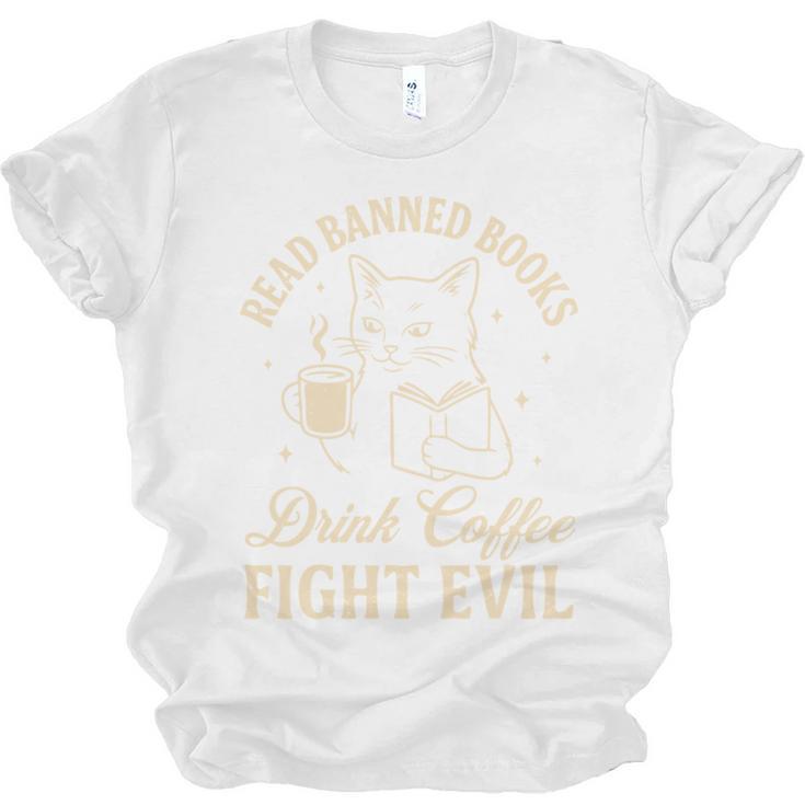 Cat Read Banned Books Drink Coffee Fight Evil Unisex Jersey T-Shirt