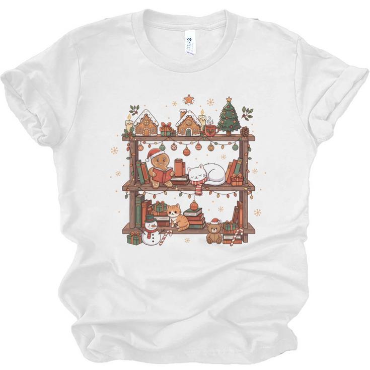 Christmas Cats Bookshelf Gingerbread Unisex Jersey T-Shirt
