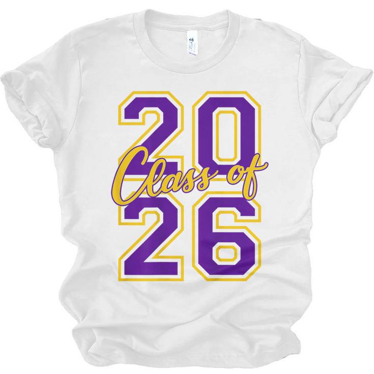 Class Of 2026 Graduation Varsity Purple Yellow On The Back Unisex Jersey T-Shirt
