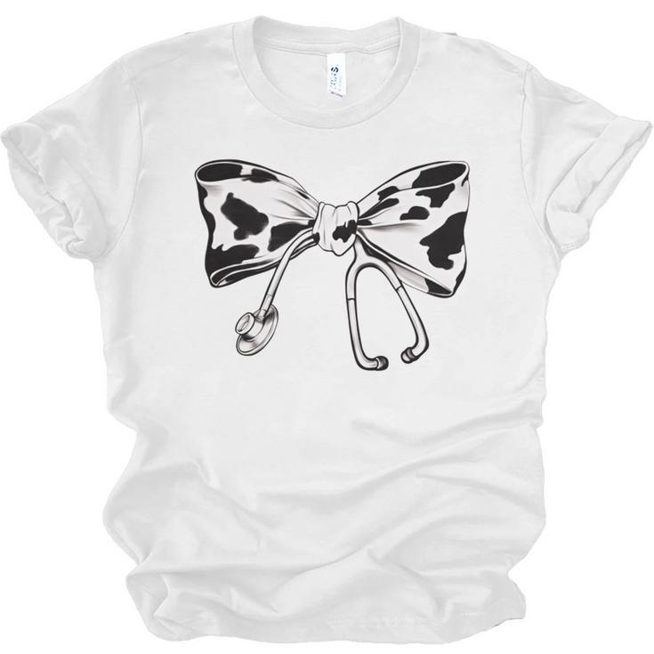 Cow Print Bow And Stethoscope Nurse RN Graduation Coquette Unisex Jersey T-Shirt