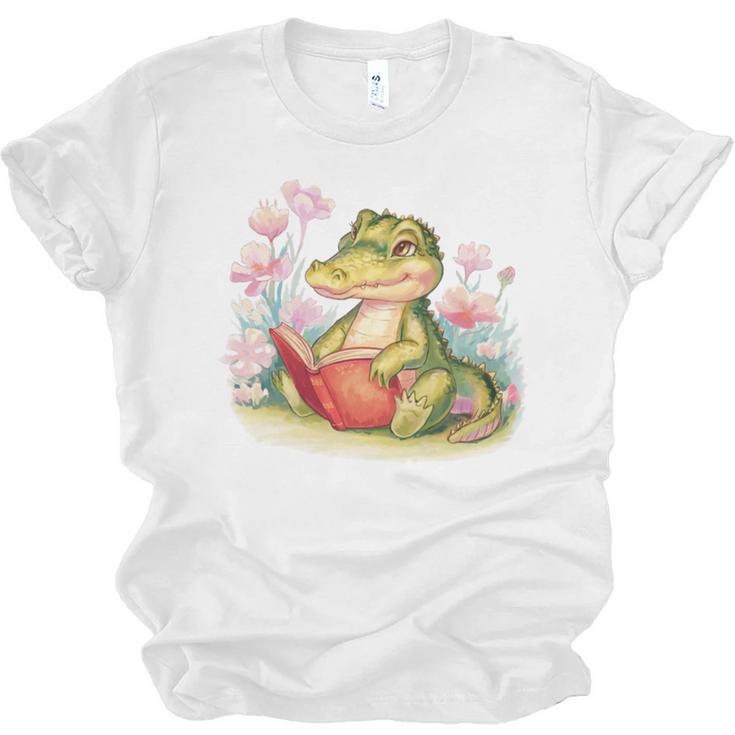 Crocodile Reading Book Watercolor Flowers Kids Unisex Jersey T-Shirt